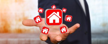 Bir daire kiralamak için modern uygulama kullanarak iş adamı