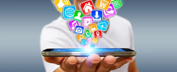 Empresário usando telefone móvel moderno com aplicativos — Fotografia de Stock