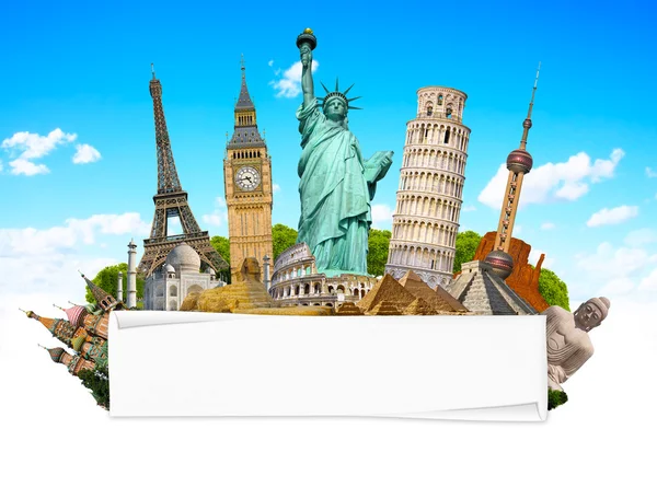 Monumentos famosos do mundo com papel laminado em branco — Fotografia de Stock