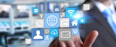 Modern dijital simge uygulama kullanarak iş adamı