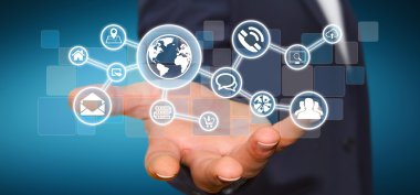 Dijital dokunmatik ekran web ağı web ile tutan işadamı 