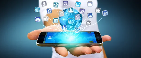 Geschäftsmann nutzt moderne digitale Handy-Anwendungen — Stockfoto