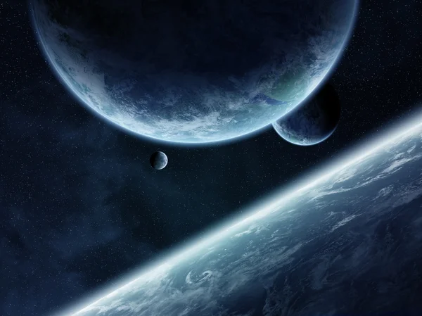 Salida del sol sobre el grupo de planetas en el espacio —  Fotos de Stock