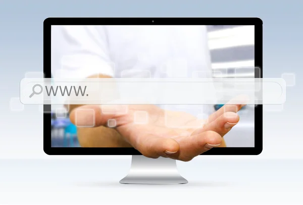Businessman escaping from computer holding digital web bar in hi — Stock Photo, Image
