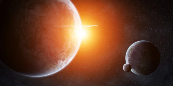 Soluppgång över planeter i rymden — Stockfoto