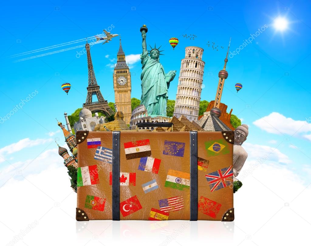 Travel bag full of famous monument of the world