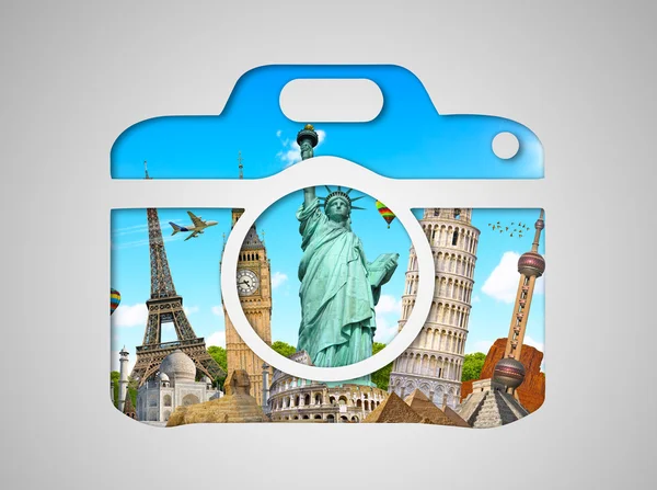 Famous monuments of the world in a camera icon — Stock Photo, Image