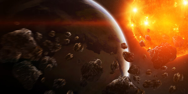 Взрывающееся солнце в космосе рядом с планетой
