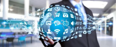 Dijital dünya ile web simgeleri kullanarak iş adamı