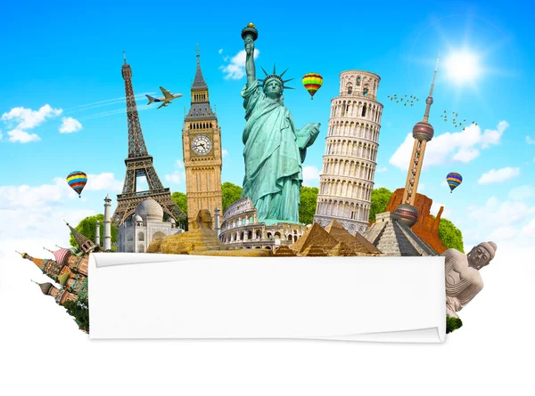 Famous monuments of the world with blank rolled paper — Stock Photo, Image