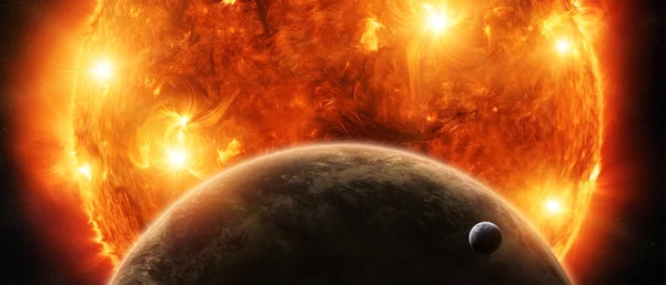 Exploding sun in space close to planet Earth and moon — Stock Photo, Image