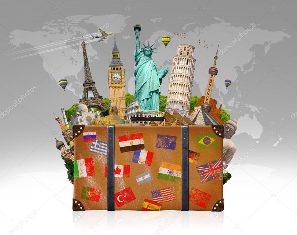 Travel bag full of famous monument of the world