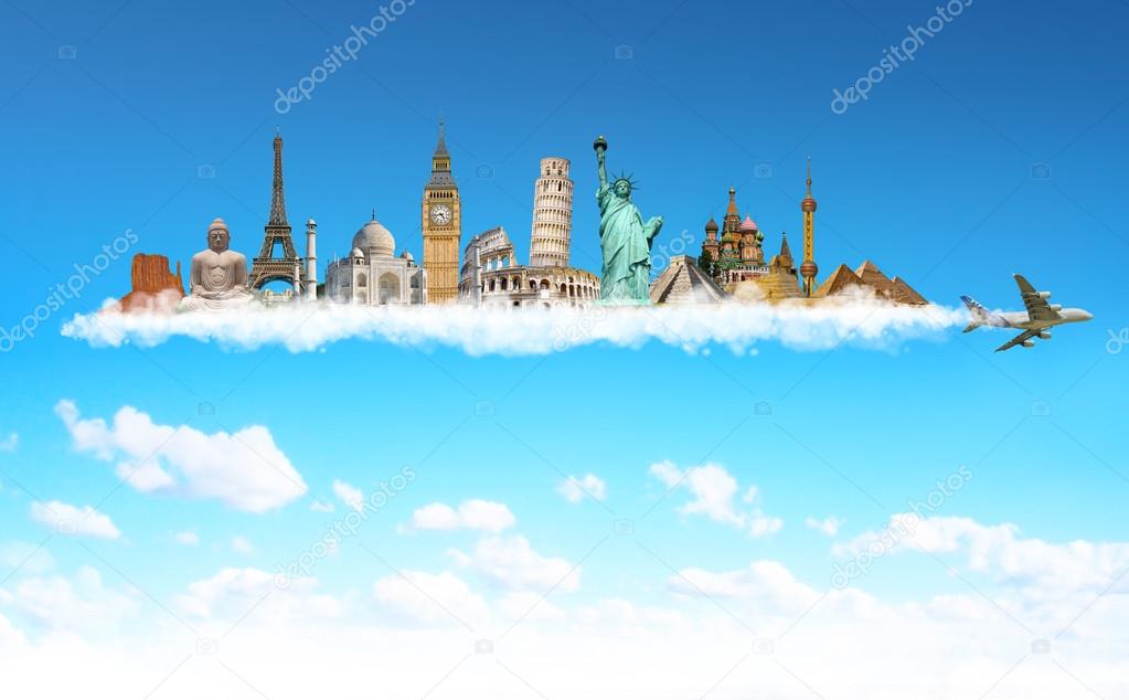 Famous monuments of the world behind a plane in blue sky