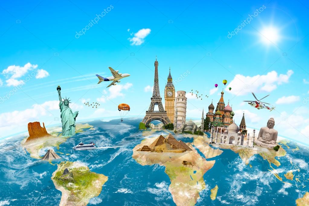 Famous monuments of the world surrounding planet Earth