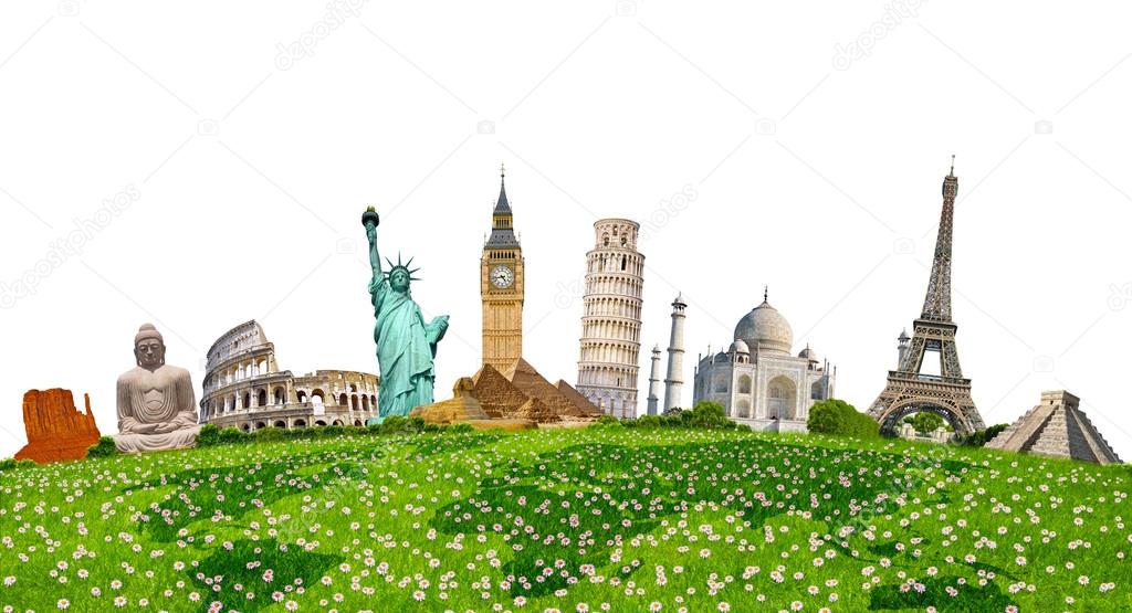 Famous monuments of the world surrounding green grass on white b