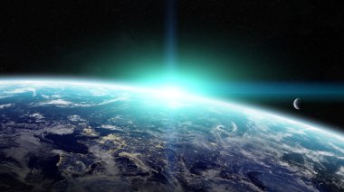 Uzayda Dünya gezegeni üzerinde gündoğumu