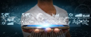 İşadamı dijital dokunmatik ekran grafikleri ile kullanma