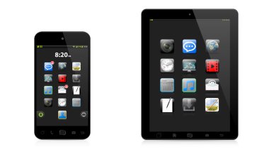 Modern dijital telefon ve beyaz zemin üzerine tablet