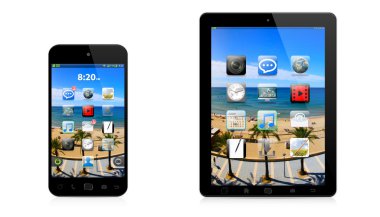 Modern dijital telefon ve beyaz zemin üzerine tablet