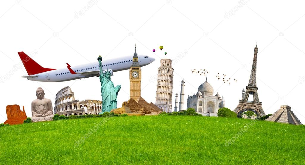 Famous monuments of the world surrounding green grass on white b