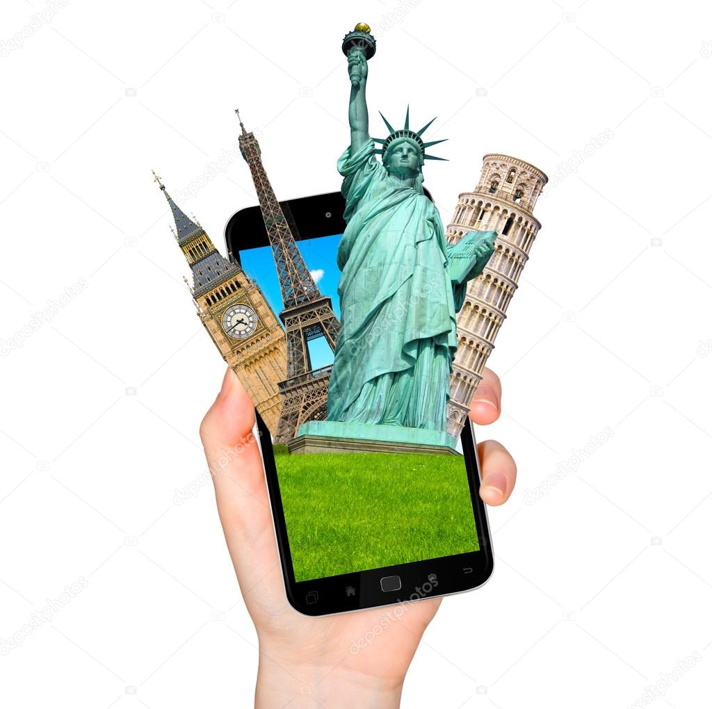 Famous monuments of the world going out of a mobile phone on whi