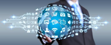 Dijital dünya ile web simgeleri kullanarak iş adamı