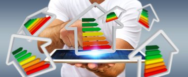 3D Eko ev ve enerji verimliliği tutan işadamı