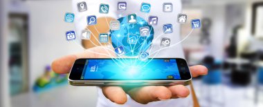 Modern dijital cep telefonu uygulamaları kullanarak iş adamı