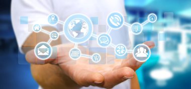 Dijital dokunmatik ekran web ağı web ile tutan işadamı 