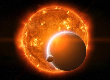 Exploding sun in space close to planet Earth and moon clipart
