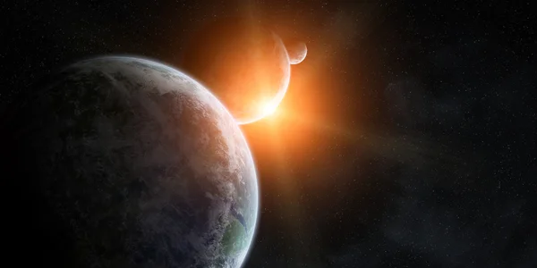 Nascer do sol sobre um grupo de planetas no espaço — Fotografia de Stock