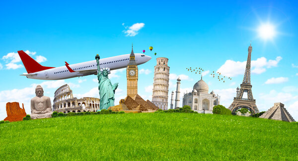 Famous monuments of the world surrounding green grass