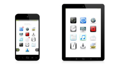 Modern dijital telefon ve beyaz zemin üzerine tablet