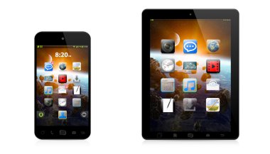 Modern dijital telefon ve beyaz zemin üzerine tablet
