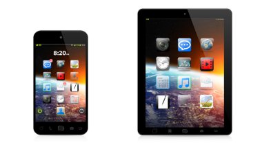 Modern dijital telefon ve beyaz zemin üzerine tablet