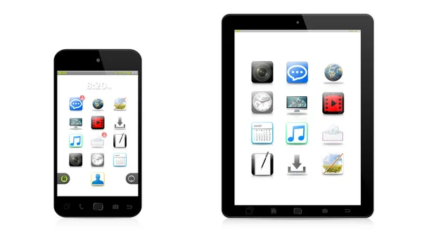 Teléfono digital moderno y tableta sobre fondo blanco — Foto de Stock