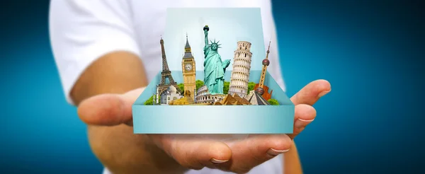 Young man holding travel box in his hand — Stock Photo, Image