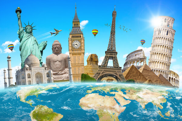 Famous landmarks of the world grouped together on planet Earth