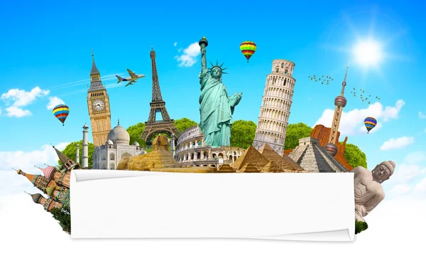 Famous monuments of the world with blank rolled paper — Stock Photo, Image