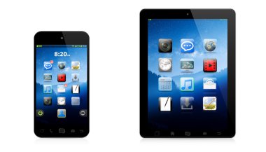 Modern dijital telefon ve beyaz zemin üzerine tablet