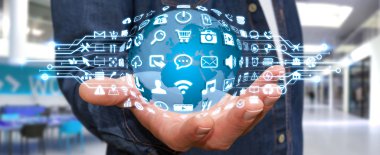 Dijital dünya ile web simgeleri kullanarak iş adamı