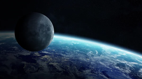 Vista de la luna cerca del planeta Tierra en el espacio — Foto de Stock