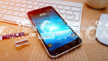 Modern cep telefonu beyaz dijital grafikler ve ekran arayüzü