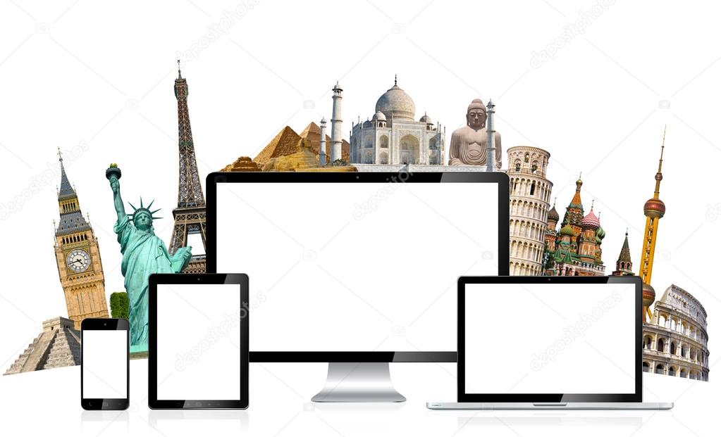 Famous monuments of the world and tech devices on white backgrou