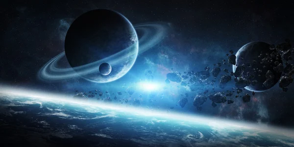 Răsărit de soare peste un grup de planete din spațiu — Fotografie, imagine de stoc