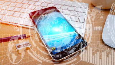 Modern cep telefonu beyaz dijital grafikler ve ekran arayüzü