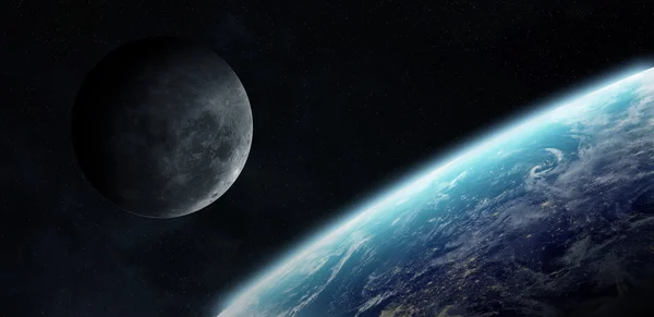 Vista da lua perto do planeta Terra no espaço — Fotografia de Stock