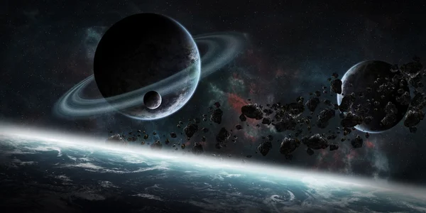 Схід над групою планет у космосі — стокове фото
