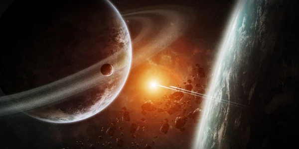 Nascer do sol sobre um grupo de planetas no espaço — Fotografia de Stock