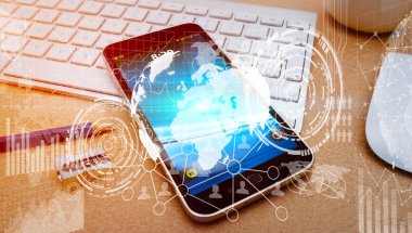 Modern cep telefonu beyaz dijital grafikler ve ekran arayüzü